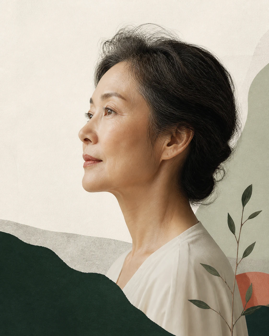 자연스러운 중년 여성의 옆얼굴을 종이 콜라주 질감으로 표현한 편집 이미지